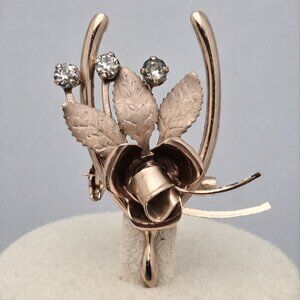 Vintage Rose Floral Wishbone Brooch Gold Tone with Rhinestones